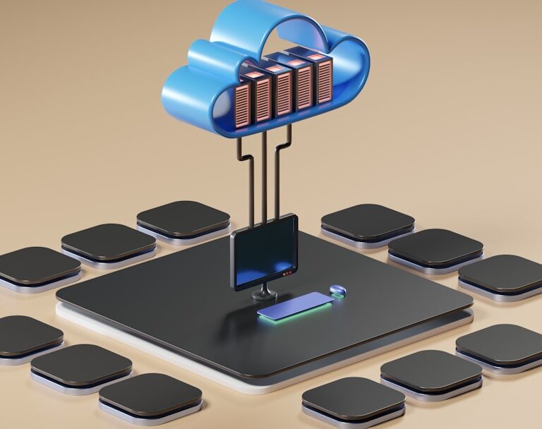 Concepto 3D de cloud computing para comparar costes de Cloud Run y Compute Engine en Google Cloud